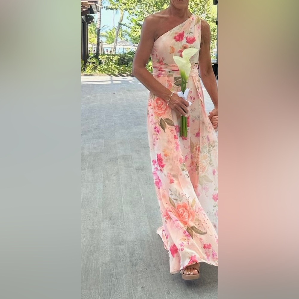 Azazie One-Shoulder Floral Dress in Pink and Cream - Picture 4 of 6